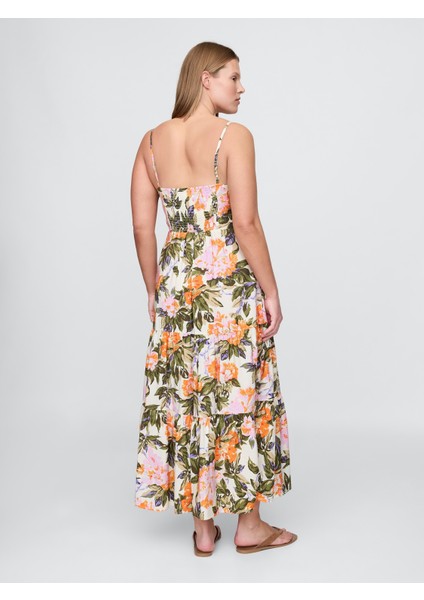 Kadın Çiçek Desenli Bağcıklı Ön Detaylı Katmanlı Maxi Elbise modelleri