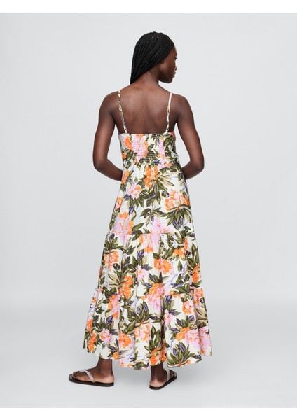 Kadın Çiçek Desenli Bağcıklı Ön Detaylı Katmanlı Maxi Elbise