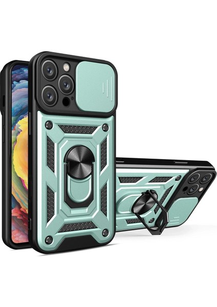 iPhone 16 Pro Kılıf Pars Lens Yüzüklü Silikon - Yeşil - 13573-8348