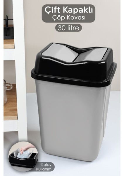 2 Kapaklı Gri Plastik Çöp Kovası 30 Litre, Ev, Ofis, Banyo ve Mutfak Için Uygun