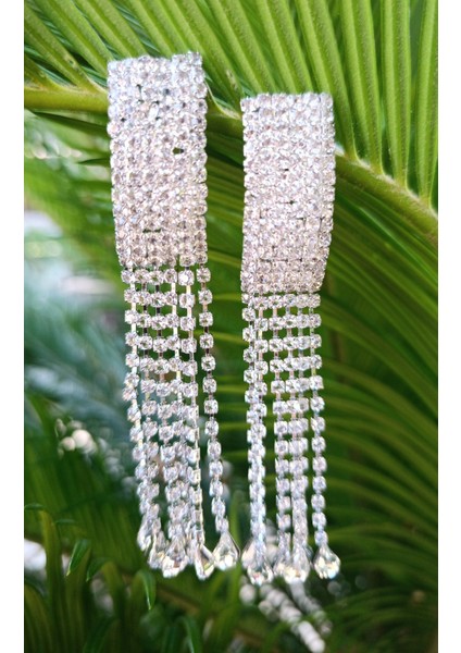 Gümüş Renk Zirkon Taşlı Lüks Abiye Küpe