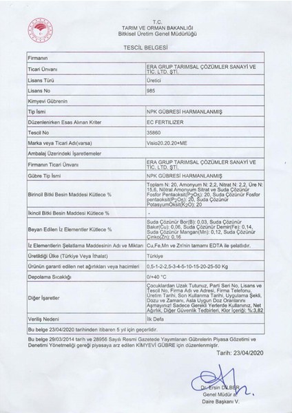 20-20-20 Npk Azot, Fosfor, Potasyum Bor, Demir, Mangan, Bakır, Çinko Içerikli Gübre