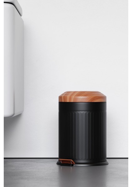 Şık Siyah Ahşap Desenli 5lt Kovalı Çöp Kutusu, Amortisörlü ve Modern Tasarım