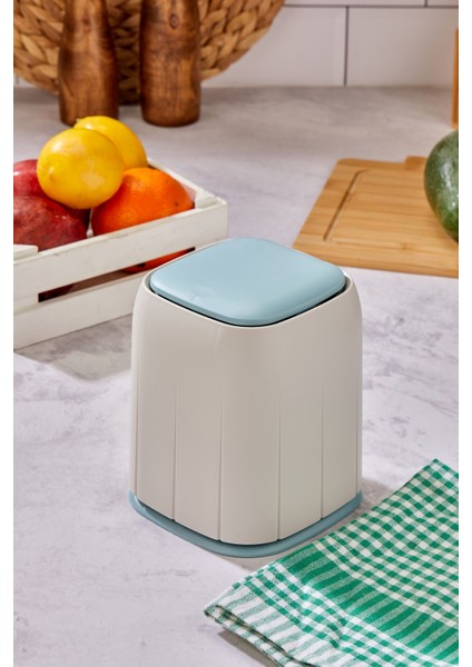 Dokunmatik Mini Çöp Kutusu, Organizer, Düzenleyici, 1,4 Lt, Ekru Mavi