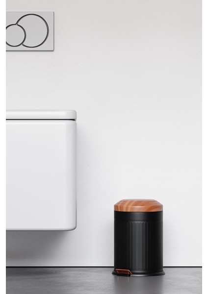 Şık Siyah Ahşap Desenli 5lt Kovalı Çöp Kutusu, Amortisörlü ve Modern Tasarım fırsatları