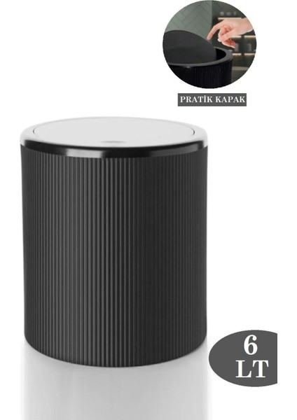 6 Litre Siyah Çizgili Yuvarlak Çöp Kovası, Pratik Kapaklı Banyo ve Mutfak Kullanımı