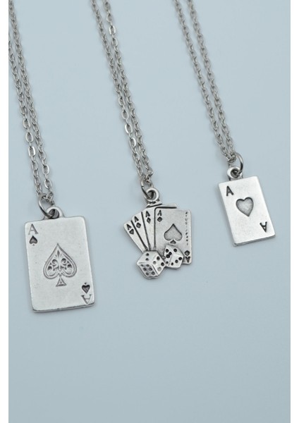 3'lü Full As İskambil Deste Zar Erkek Kadın Kolye Seti - Kod:1111