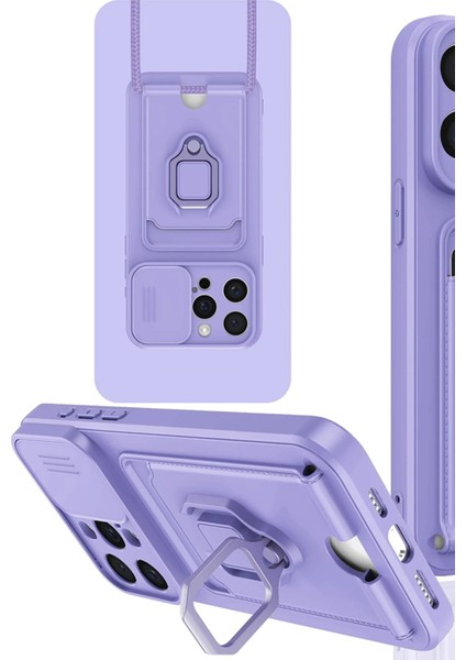 iPhone 15 Pro Kılıf Zuma Kartvizitli Yüzüklü Silikon - Lila - 18408-4893
