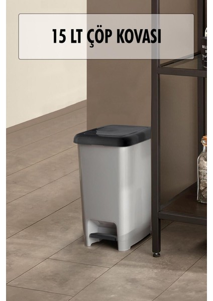 15 Litre Basmalı Çöp Kovası, Şık Gri Renkli ve Pratik Kullanım Kolaylığı Sağlar