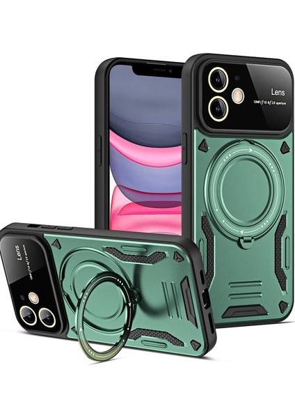 iPhone 11 Kılıf Joy Lens Standlı Kapak - Koyu Yeşil - 12529-8249