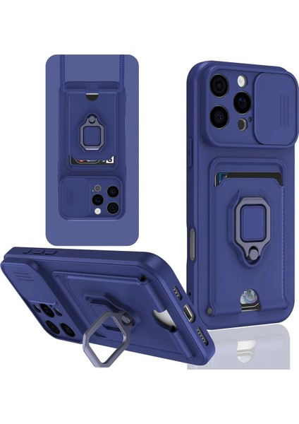 iPhone 16 Pro Kılıf Zuma Kartvizitli Yüzüklü Silikon - Lacivert - 19187-6652
