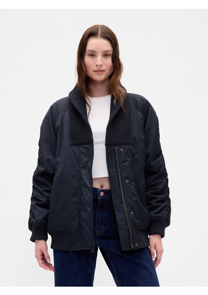 Kadın Lacivert Oversized Triko Kenar Detaylı Bomber Ceket