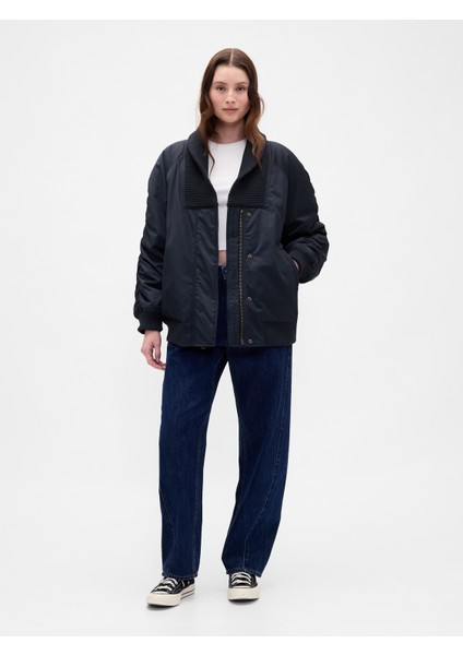 Kadın Lacivert Oversized Triko Kenar Detaylı Bomber Ceket fırsatları