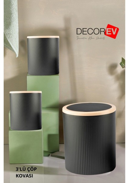 3'lü Döner Kapaklı Banyo ve Mutfak Çöp Kovası Seti, 7L-10L-15L, Siyah