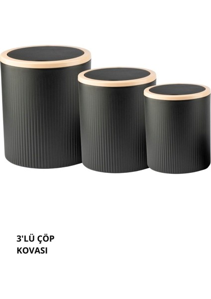 3'lü Döner Kapaklı Banyo ve Mutfak Çöp Kovası Seti, 7L-10L-15L, Siyah modelleri