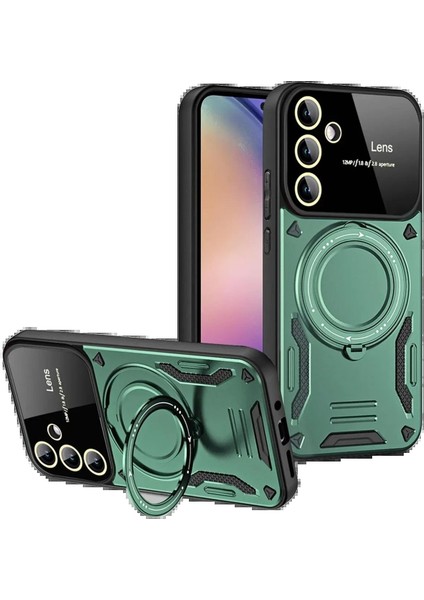 Samsung Galaxy S24 Fe Kılıf Joy Lens Standlı Kapak - Koyu Yeşil - 12373-8799