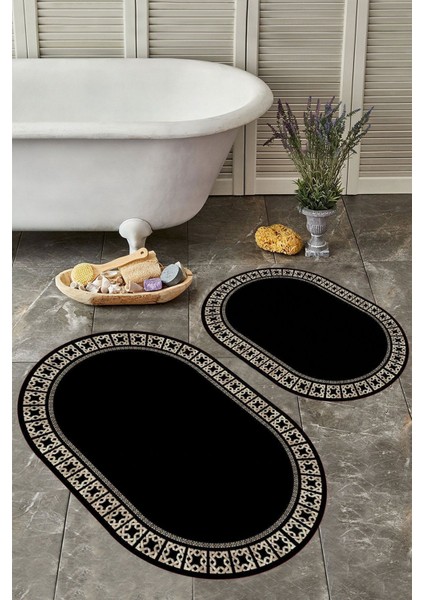 Kaymaz Tabanlı Oval Banyo Paspas Takımı, Siyah, Yıkabilir, Toz ve Leke Tutmaz, 2'li Set