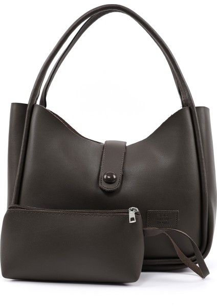 Kahve Rengi SHK79 Deri Düğme Detaylı Çıtçıtlı Makyaj Çantalı Kol ve Omuz Çantası