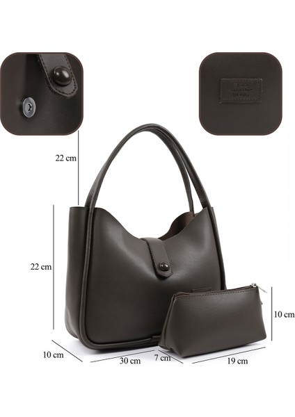 Kahve Rengi SHK79 Deri Düğme Detaylı Çıtçıtlı Makyaj Çantalı Kol ve Omuz Çantası fırsatları
