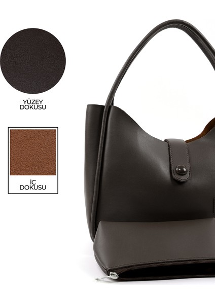 Kahve Rengi SHK79 Deri Düğme Detaylı Çıtçıtlı Makyaj Çantalı Kol ve Omuz Çantası indirimleri