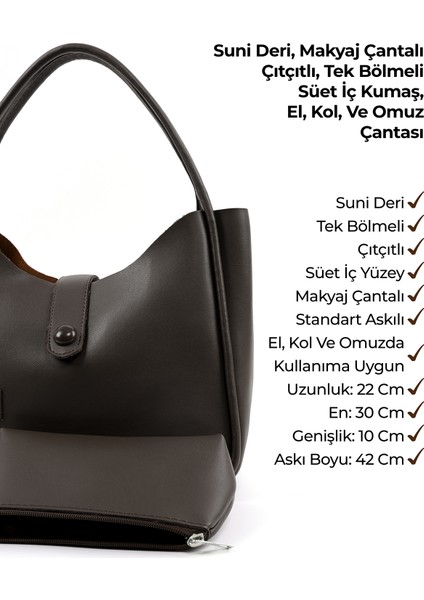Kahve Rengi SHK79 Deri Düğme Detaylı Çıtçıtlı Makyaj Çantalı Kol ve Omuz Çantası