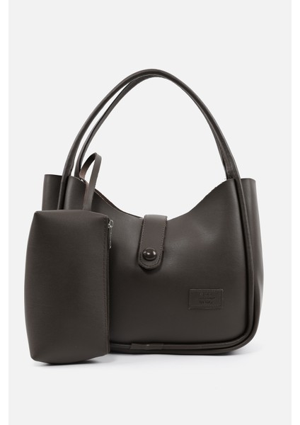 Kahve Rengi SHK79 Deri Düğme Detaylı Çıtçıtlı Makyaj Çantalı Kol ve Omuz Çantası