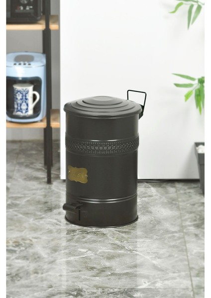 Siyah Metal Kapaklı 16L Galvaniz Pedallı Çöp Kovası