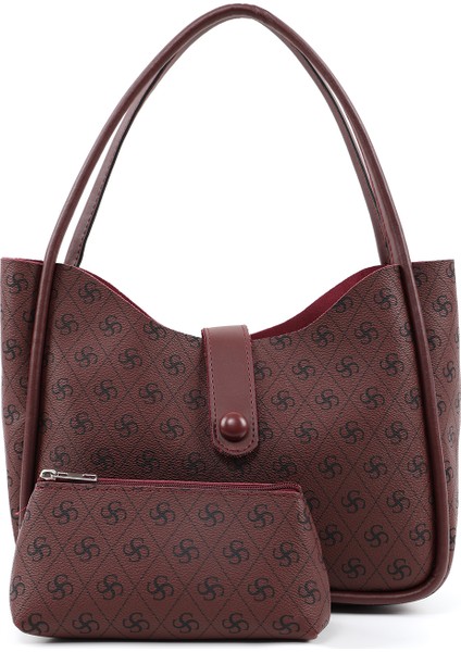 Monogram Baskılı Bordo SHK79 Deri Düğme Detaylı Çıtçıtlı Makyaj Çantalı Kol ve Omuz Çantası