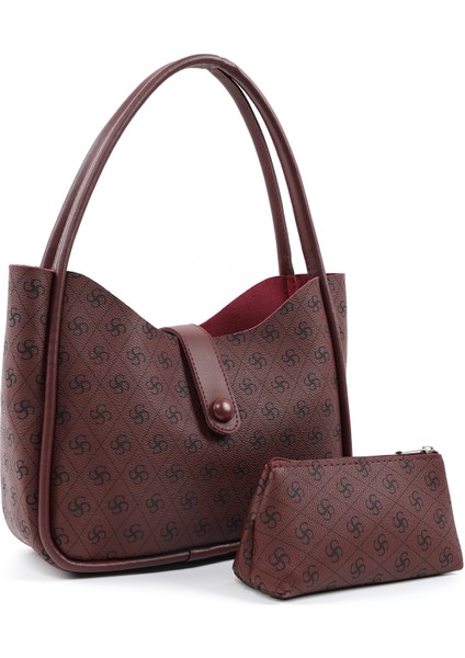 Monogram Baskılı Bordo SHK79 Deri Düğme Detaylı Çıtçıtlı Makyaj Çantalı Kol ve Omuz Çantası fiyatları