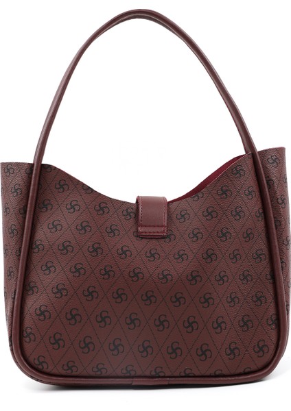Monogram Baskılı Bordo SHK79 Deri Düğme Detaylı Çıtçıtlı Makyaj Çantalı Kol ve Omuz Çantası modelleri
