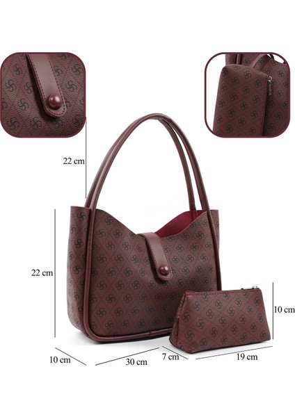Monogram Baskılı Bordo SHK79 Deri Düğme Detaylı Çıtçıtlı Makyaj Çantalı Kol ve Omuz Çantası fırsatları