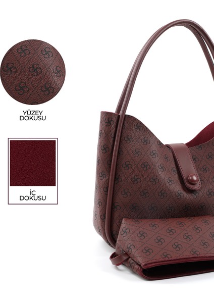 Monogram Baskılı Bordo SHK79 Deri Düğme Detaylı Çıtçıtlı Makyaj Çantalı Kol ve Omuz Çantası indirimleri