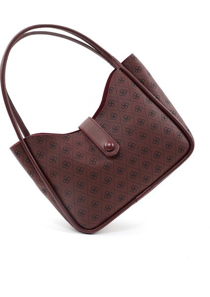 Monogram Baskılı Bordo SHK79 Deri Düğme Detaylı Çıtçıtlı Makyaj Çantalı Kol ve Omuz Çantası
