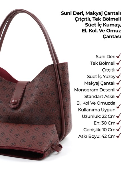 Monogram Baskılı Bordo SHK79 Deri Düğme Detaylı Çıtçıtlı Makyaj Çantalı Kol ve Omuz Çantası