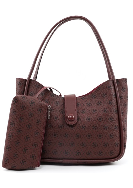 Monogram Baskılı Bordo SHK79 Deri Düğme Detaylı Çıtçıtlı Makyaj Çantalı Kol ve Omuz Çantası