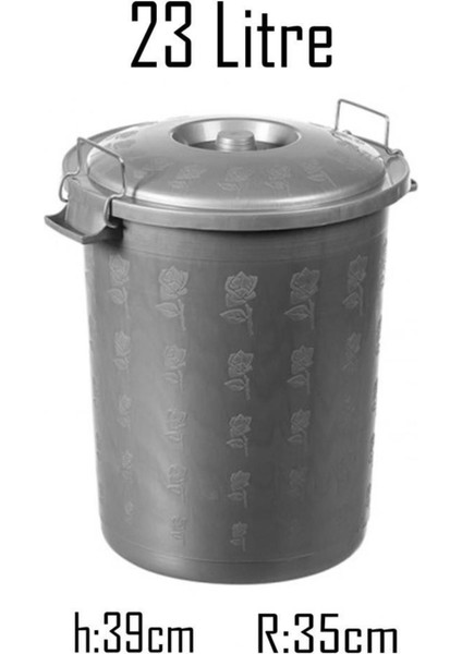 Gri 23 Litre Kapaklı Kulplu Desenli Plastik Çöp Kovası