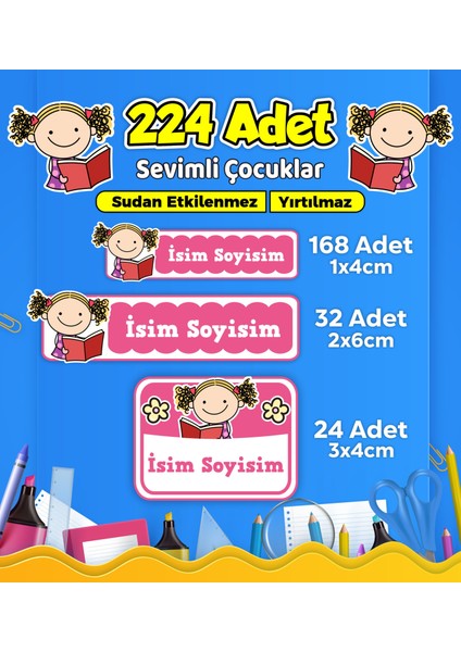 Sevimli Çocuklar Temalı Okul Kreş Kişiye Özel Isim Etiket Seti - Model 629