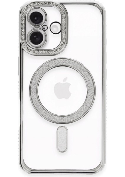 iPhone 16 Plus Kılıf Joke Simli Magneticsafe Kılıf - Gümüş - 17012-6672