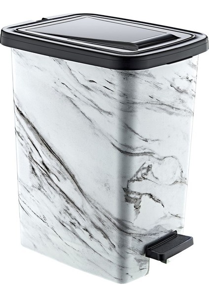 15 Lt Slim Pedallı Beyaz Mermer Desenli Çöp Kovası, Iç Kovalı, Orta Boy