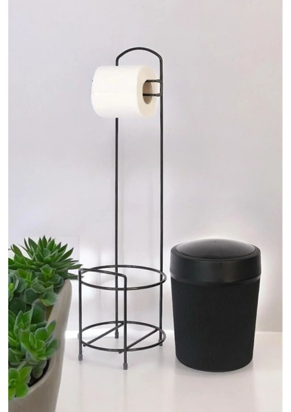 Şık Metal Standlı Banyo ve Mutfak Çöp Kovası Seti Siyah