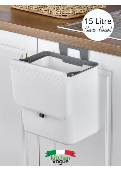 15 Litre Çift Kapaklı Mutfak Çöp Kovası, Askılı ve Tezgah Üstü, Yüksek Hacim