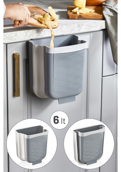 Katlanabilir Akordiyon Çöp Kovası, 6 Lt, Tezgah Askılı, Gri Renk