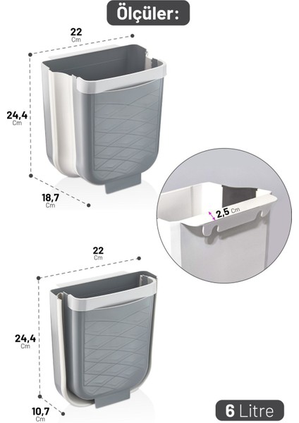 Katlanabilir Akordiyon Çöp Kovası, 6 Lt, Tezgah Askılı, Gri Renk modelleri