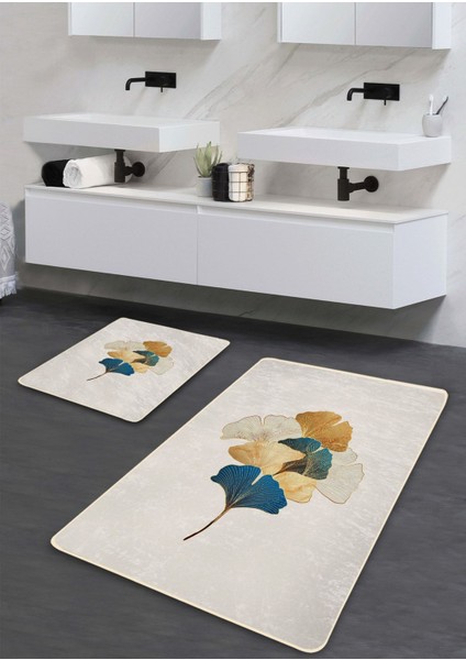 Yıkanabilir Kaymaz Tabanli 2'li Banyo Paspası Seti, Gold Ginkgo Desenli, Ekru, 60X100 ve 50X60 cm