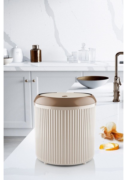 Çizgili Yuvarlak Çöp Kovası 3.5 Litre, Banyo ve Mutfak Için, Click Tuşlu