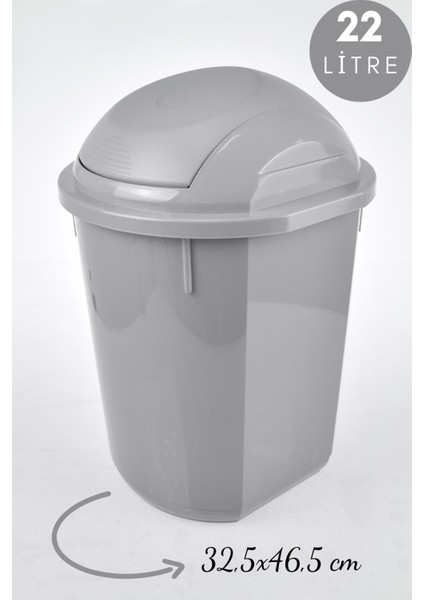Şık Yuvarlak Çöp Kovası, Oynar Kapaklı, 22 Litre, Gri Renk, 32,5X46,5 cm