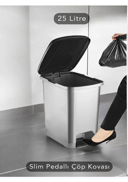 3'lü 25-15-10 Litre Slim Pedallı Banyo Mutfak Çöp Kovası Seti Gri
