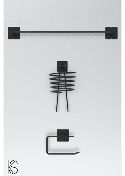 Yapışkanlı 3’lü Set: Siyah Fön Makinesi Askısı, Havlu ve Tuvalet Kağıtlık Seti