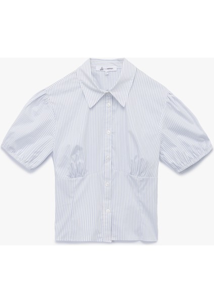 Pamuklu Klasik Yaka Kısa Kollu Düğmeli Balon Kollu Poplin Crop Gömlek