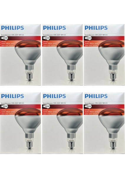 (6 adet) Philips 250W Kızılötesi (Infrared) Isıtıcılı Hayvan Isıtma ve Fizik Tedavi Lambası (Kırmızı Işık) E27 (Kalın Duy)